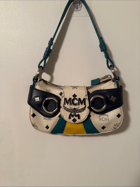 MCM Handbags - MCM White Logo Shoulder Bag with Teal, Yellow & Black Accents
